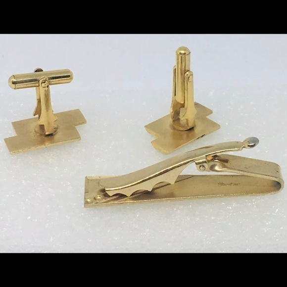 forstar cufflink and tie clip set Vintage MCM gold tone goldtone geometric - Picture 4 of 10